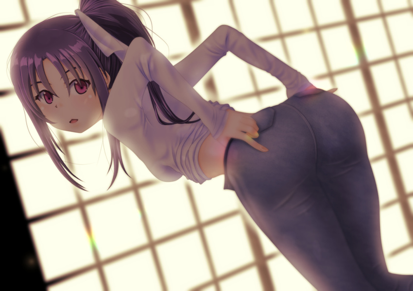 1girl backlighting bent_over blue_pants clothes_pull commentary_request denim hair_ribbon indoors jeans jou_(circlemay) kazuno_sarah leaning_forward long_hair long_sleeves looking_at_viewer looking_back love_live! love_live!_sunshine!! midriff open_mouth open_pants pants pants_pull partial_commentary pulled_by_self purple_eyes purple_hair ribbon shirt shouji side_ponytail sliding_doors solo standing undressing white_ribbon white_shirt