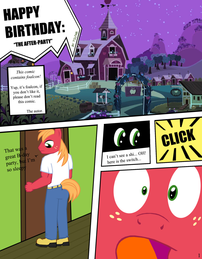 anthro barn bedroom big_macintosh_(mlp) chicken_coop closing_door clothed clothing comic equid equine farm friendship_is_magic fully_clothed hasbro hi_res horse lights_off lights_out male mammal my_little_pony pony shocked_expression solo sweet_apple_acres tolpain warning
