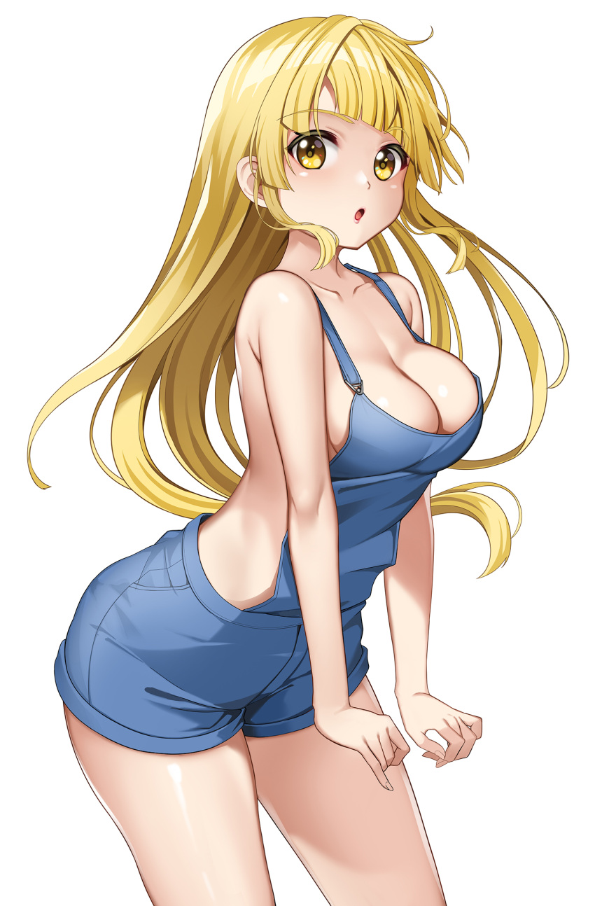 1girl bang_dream! blonde_hair blue_overalls breasts cleavage commentary cowboy_shot dopamine70 floating_hair highres long_hair looking_at_viewer medium_breasts naked_overalls open_mouth overall_shorts overalls simple_background solo standing symbol-only_commentary tsurumaki_kokoro white_background yellow_eyes