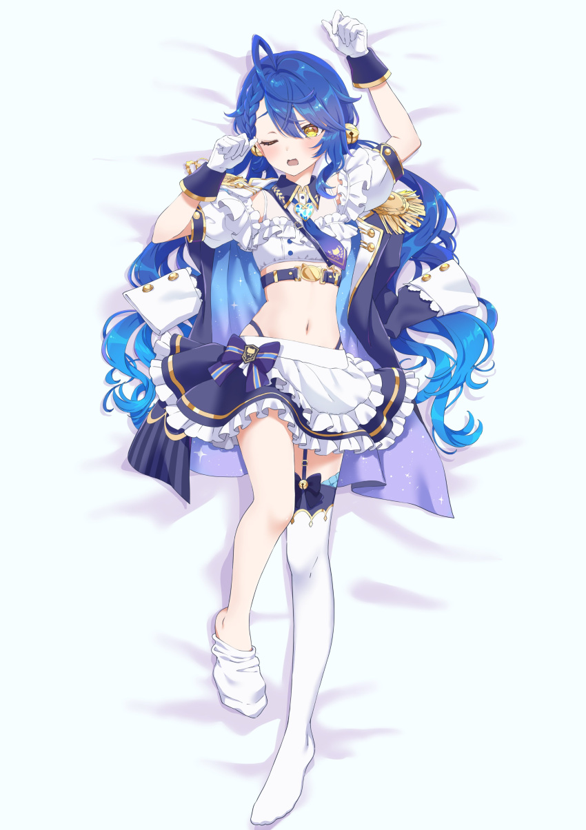 1girl absurdres ahoge amamiya_kokoro arm_above_head bell blue_hair blush breasts commission frilled_skirt frills hair_bell hair_ornament highres jingle_bell long_hair looking_at_viewer loose_thighhigh midriff miyadani_risa navel nijisanji on_bed one_eye_closed open_mouth second-party_source see-through shy simple_background skeb_commission skirt small_breasts solo thighhighs virtual_youtuber wavy_hair white_thighhighs yellow_eyes