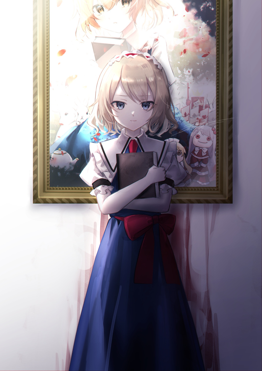 1girl absurdres alice_margatroid alice_margatroid_(pc-98) blonde_hair blood blood_on_wall blue_dress blue_eyes book closed_mouth dress frilled_sleeves frills grimoire_of_alice hairband highres holding holding_book lolita_hairband looking_at_viewer picture_(object) puffy_short_sleeves puffy_sleeves red_hairband rokuya_(68_zusao) shinki_(touhou) short_hair short_sleeves signature solo touhou touhou_(pc-98) yumeko_(touhou)