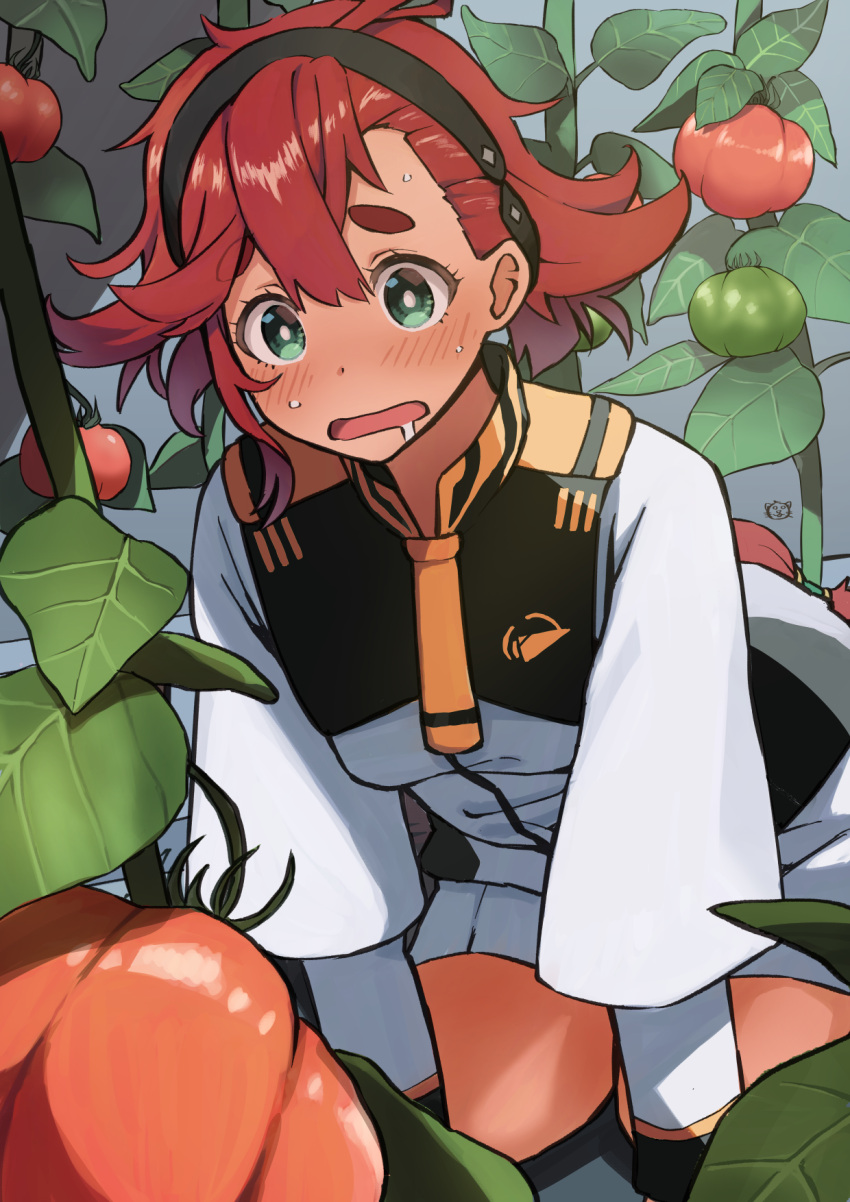 1girl ahoge asticassia_school_uniform blush drooling food garden green_eyes gundam gundam_suisei_no_majo hairband highres kneeling long_hair looking_at_food neko_(hansinn) open_mouth red_hair saliva school_uniform solo suletta_mercury sweat tomato tomato_plant