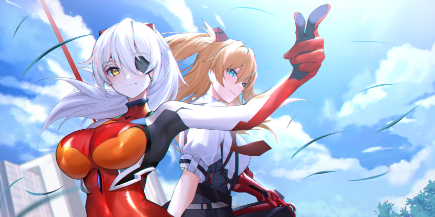 2girls blue_eyes blue_sky bodysuit breasts cleavage cloud eyebrows_hidden_by_hair eyepatch hair_between_eyes highres honkai_(series) honkai_impact_3rd kiana_kaslana long_hair looking_at_viewer multiple_girls neon_genesis_evangelion orange_hair ponytail school_uniform sky smile souryuu_asuka_langley sunlight twintails upper_body white_hair xiujia_yihuizi yellow_eyes