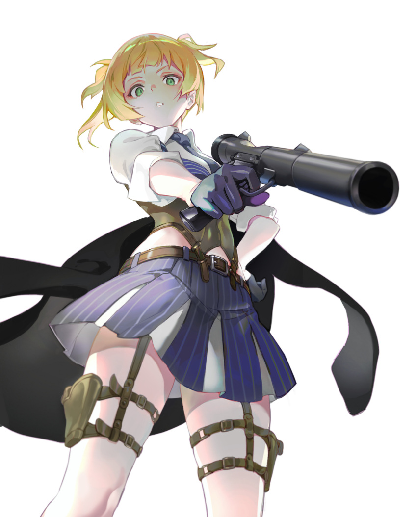 1girl absurdres blonde_hair corset from_below girls'_frontline gloves green_eyes gun half_gloves handgun highres hip_vent holding holding_gun holding_weapon holster jacket jacket_on_shoulders looking_at_viewer pagye pinstripe_pattern pleated_skirt simple_background skirt sleeves_rolled_up striped striped_skirt thigh_holster weapon welrod_mkii_(girls'_frontline) white_background