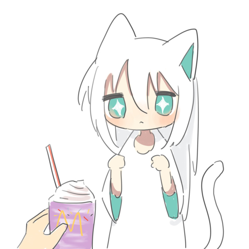 1girl :&lt; animal_ears cat_ears cat_girl cat_tail chibi closed_mouth commentary cup disposable_cup dress drinking_straw english_commentary green_eyes grimace_shake_(meme) hair_between_eyes hands_up highres holding holding_cup jitome long_hair long_sleeves looking_at_viewer matcha_ore_p meme milkshake original oversized_clothes oversized_shirt shirt sidelocks simple_background solo_focus sparkling_eyes standing tail upper_body white_background white_dress white_hair