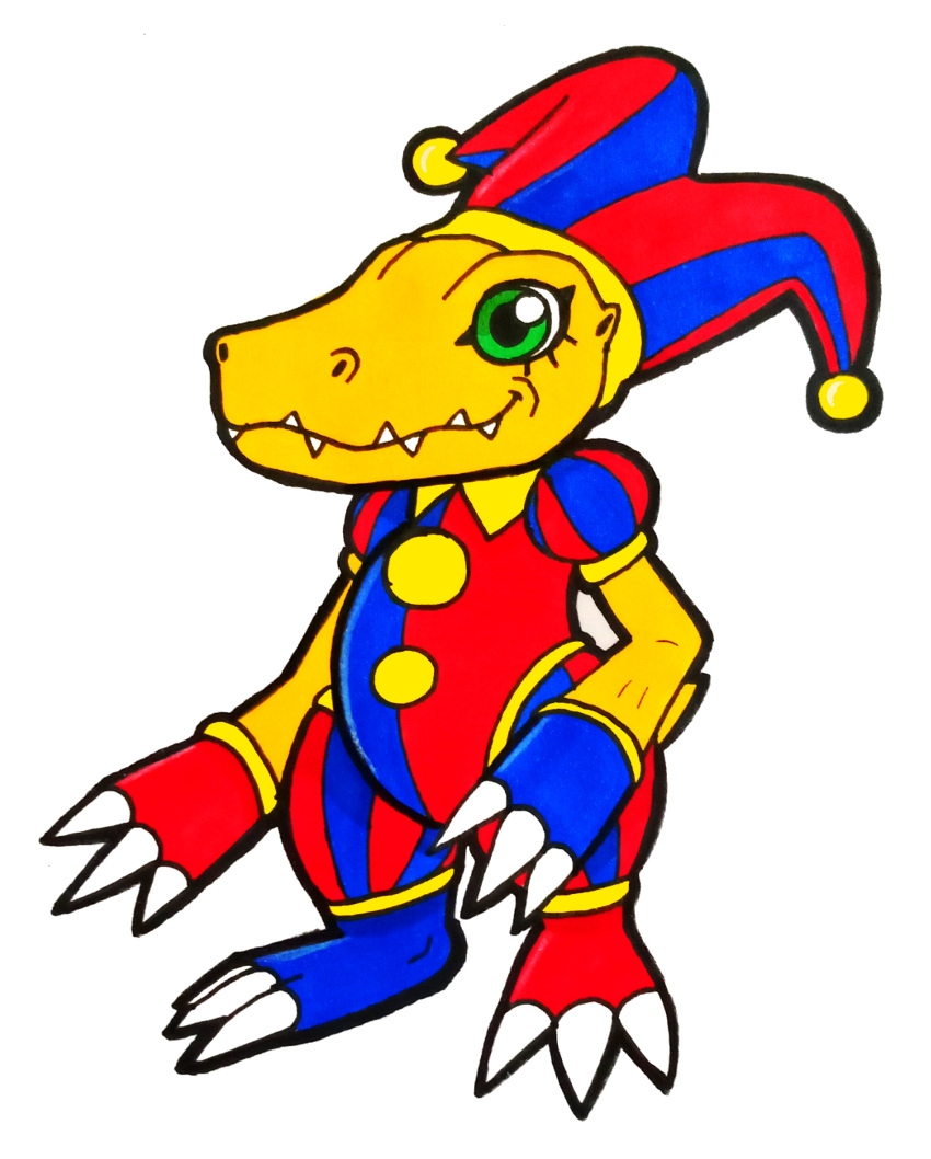 absurd_res agumon ambiguous_gender anthro bandai_namco claws clothing cosplay costume crossover digimon digimon_(species) dinosaur fool's_hat glury_the_unown green_eyes hat headgear headwear hi_res jester pomni_(the_amazing_digital_circus) reptile scalie simple_background smile solo teeth the_amazing_digital_circus