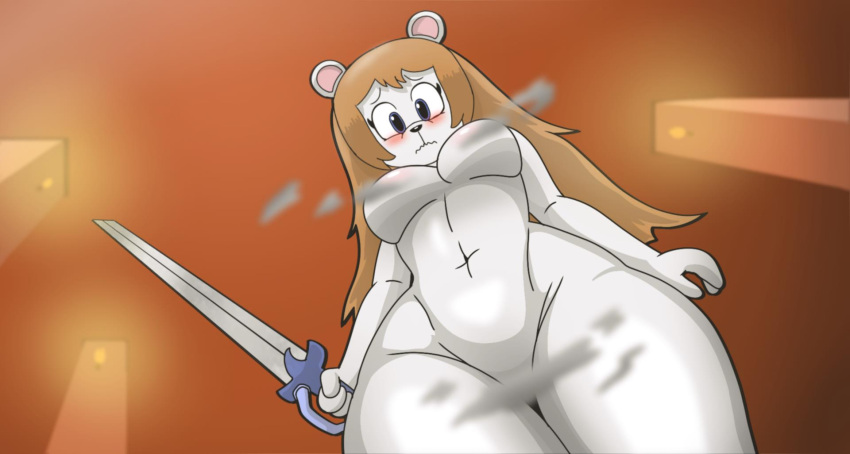 anthro big_breasts blue_eyes blush breasts brown_background brown_hair chunkiroll_(artist) convenient_censorship embarrassed eyelashes female hair hi_res holding_object holding_sword holding_weapon long_hair looking_at_viewer low-angle_view mammal melee_weapon navel nude simple_background solo sword thick_thighs thigh_gap wavy_mouth weapon wide_hips worm's-eye_view