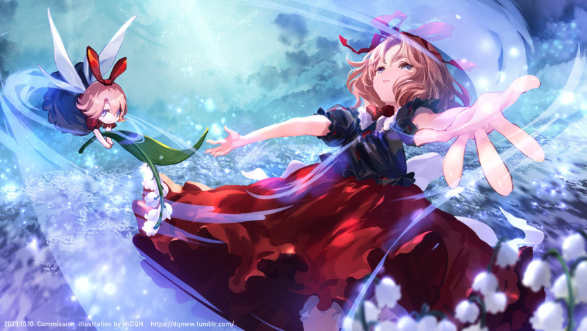 1girl artist_name blonde_hair blue_eyes bow commission doll dqn_(dqnww) dress field flower flower_field holding holding_flower leaning_back lily_of_the_valley medicine_melancholy outstretched_arms red_bow red_dress short_hair short_sleeves spread_arms su-san tagme touhou tumblr_username visible_air wavy_hair