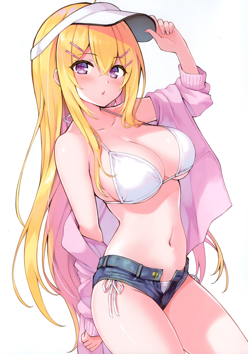 1girl absurdres adjusting_clothes adjusting_headwear bare_shoulders bikini blonde_hair blush breasts buttons collarbone cu-no hair_ornament hairclip hakurei_botan highres hisen_kaede jacket long_hair looking_at_viewer medium_breasts navel off_shoulder open_clothes open_jacket original parted_lips purple_eyes scan short_shorts shorts simple_background solo stomach swimsuit swimsuit_under_clothes thighs unbuttoned