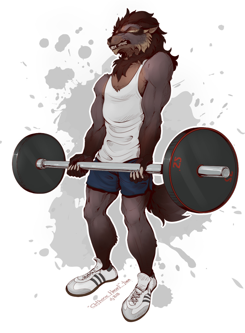 anthro canid canine canis claws clothed clothing exercise footwear fur hair hi_res kredri male mammal muscular muscular_anthro muscular_male shoes simple_background sneakers solo teeth_showing wolf workout