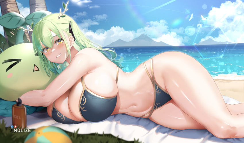 &gt;_&lt; 1girl antlers bare_arms bare_legs beach beach_towel bikini bird blue_sky blush bottle breasts ceres_fauna cloud day grass green_hair grin hair_between_eyes hair_ribbon highres hololive hololive_english huge_breasts leaf looking_at_viewer lotion lying mixed-language_commentary mountainous_horizon navel ocean on_side outdoors palm_tree revision ribbon sapling_(ceres_fauna) seagull sky smile solo stomach sunscreen swimsuit thighs tnolize towel tree watermark white_bird