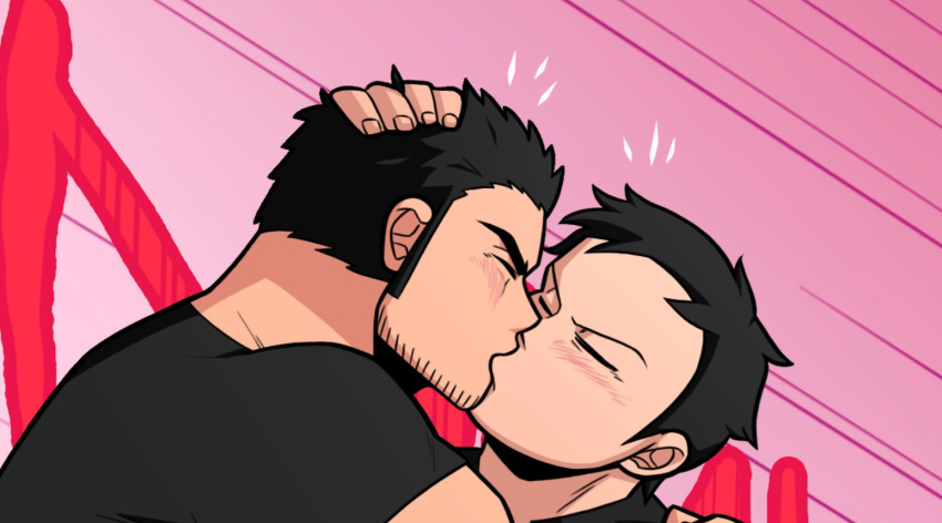 2boys bara beard_stubble black_hair blush carrying character_request closed_eyes cropped hand_in_another's_hair head_grab implied_sex kiss lucas_lee male_focus multiple_boys muscular muscular_male muscular_uke notice_lines pink_background princess_carry scott_pilgrim_(series) short_hair sideburns thick_eyebrows torogao vvulfbara yaoi