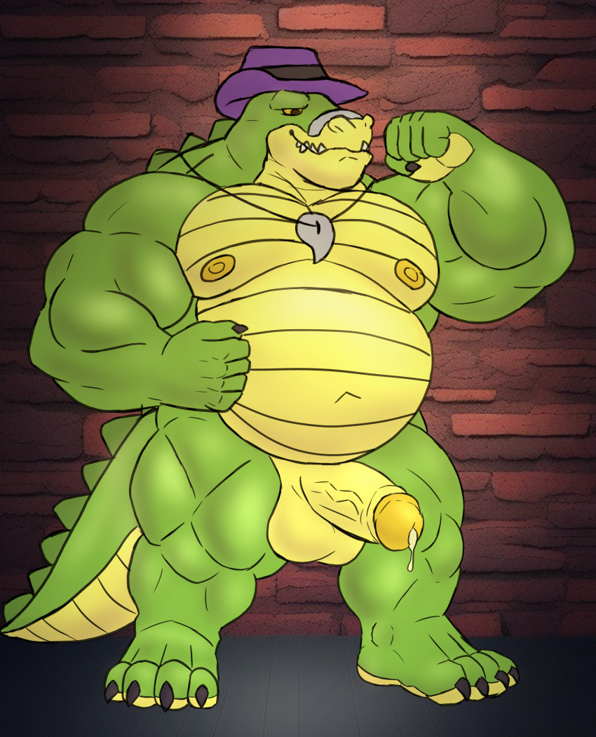 absurd_res alligator alligatorid amideo anthro balls barazoku belly biceps big_muscles bodily_fluids brok_(character) brok_the_investigator clothing crocodile crocodilian crocodylid cum detective digital_media_(artwork) erection flexing genital_fluids genitals green_body hat headgear headwear hi_res humanoid_hands male manly mature_male moobs musclegut muscular muscular_anthro muscular_male navel nipples nude overweight overweight_anthro overweight_male paws pecs penis precum reptile scalie slightly_chubby smile solo standing tail teeth