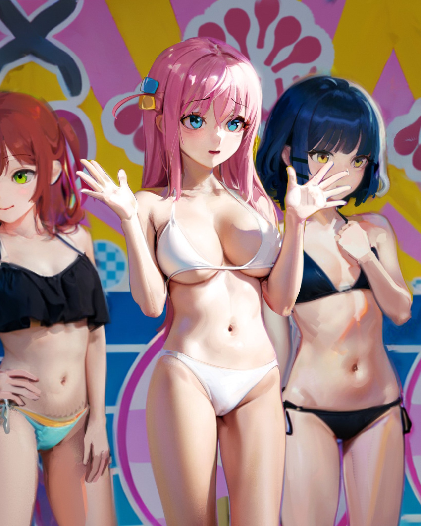 3girls bikini black_bikini blue_eyes blue_hair bocchi_the_rock! cameltoe commentary_request cube_hair_ornament gotoh_hitori green_eyes hair_ornament hand_on_own_hip highres kita_ikuyo multiple_girls pink_hair red_hair sweetonedollar swimsuit white_bikini yamada_ryo yellow_eyes