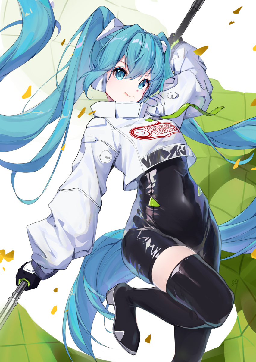 1girl :q aqua_eyes aqua_hair asymmetrical_bodysuit bison_cangshu black_bodysuit black_gloves bodysuit boots breasts commentary covered_navel cowboy_shot cropped_jacket flag flagpole gloves goodsmile_racing green_gloves hair_between_eyes hair_ornament hatsune_miku highres holding holding_pole jacket long_hair long_sleeves looking_at_viewer pole race_queen racing_miku racing_miku_(2022) sidelocks single_leg_bodysuit single_thigh_boot skindentation smile solo standing standing_on_one_leg thigh_boots tongue tongue_out twintails two-tone_gloves very_long_hair vocaloid white_background white_jacket