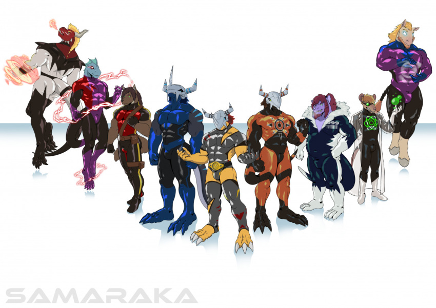 anthro armor atom azzy bandai_namco belt blue_stripes canid canine canis claws clothing crest_of_courage digimon digimon_(species) digimon_crest dragon electricity equid equine eyewear fire glowing glowing_eyes goggles group gus hair headgear helmet hero hooves horn horse ice kieran latex lizet male mammal mane mane_hair multiple_poses murid murine nitro paws pose pouches powers rat rodent sam_(horse) samaraka satchel solgreymon spikes stripes suit symbol tail verath wargreatmon wargreymon wind wolf