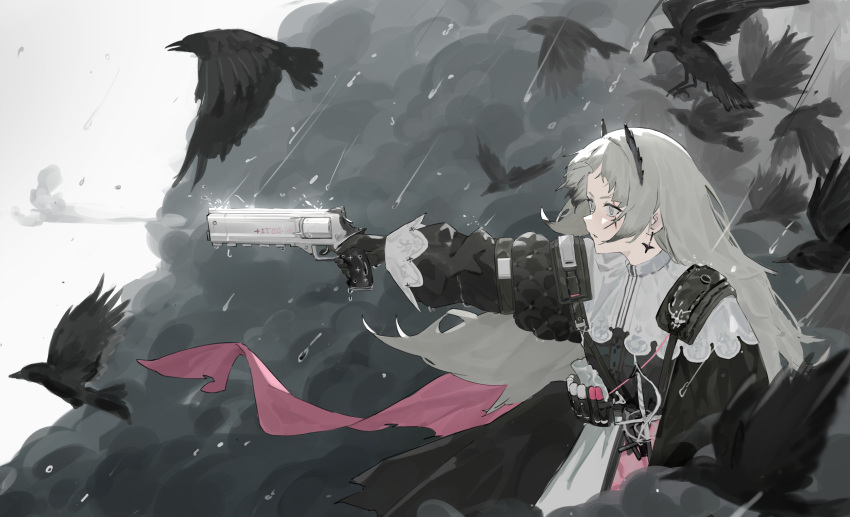 1girl ammunition_belt arknights bird black_dress black_gloves capelet crow dress earrings feather_hair_ornament feathers fishofthelakes floating_hair flock from_side gloves grey_eyes grey_hair gun hair_ornament highres holding holding_gun holding_weapon irene_(arknights) jewelry long_hair long_sleeves looking_ahead open_mouth outstretched_arm pink_pupils pink_sash puffy_long_sleeves puffy_sleeves quilted_clothes rain rapier revolver sash scar scar_across_eye serious sheath sheathed short_bangs short_eyebrows sleeve_cuffs smoke smoke_trail solo sword water_drop weapon white_capelet wind