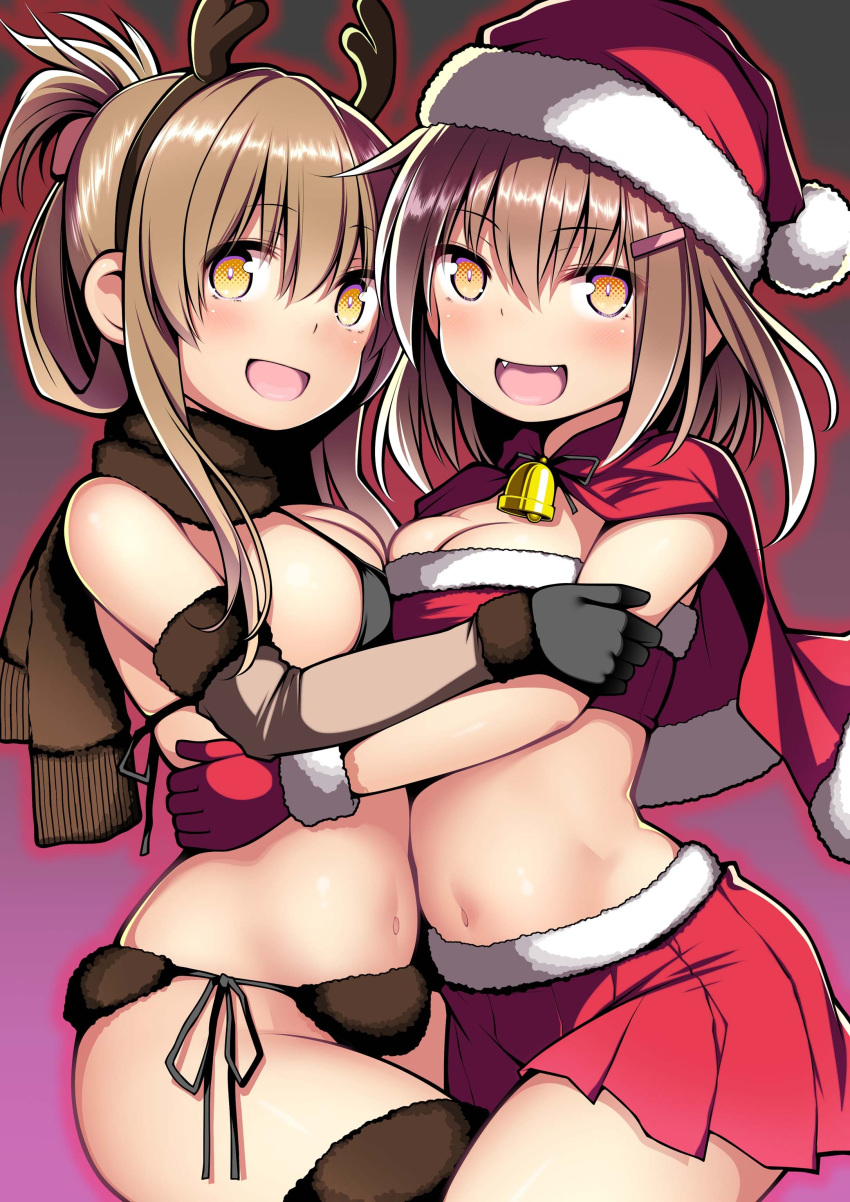 2girls absurdres antlers bell black_gloves blush breasts brown_eyes brown_hair brown_scarf capelet cleavage fangs folded_ponytail fringe_trim fur-trimmed_gloves fur-trimmed_skirt fur_trim gloves hair_between_eyes hair_ornament hairclip hat highres ikazuchi_(kancolle) inazuma_(kancolle) kantai_collection kuromayu long_hair looking_at_viewer medium_breasts multiple_girls navel open_mouth pleated_skirt pom_pom_(clothes) red_capelet red_gloves red_headwear red_skirt reindeer_antlers santa_costume santa_hat scarf short_hair sidelocks skirt smile