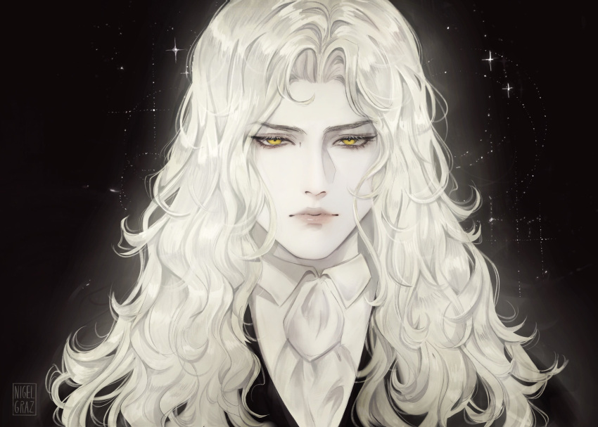 1boy alucard_(castlevania) artist_name ascot blonde_hair castlevania castlevania:_nocturne closed_mouth collared_shirt dark_background derivative_work highres long_hair looking_at_viewer male_focus portrait screencap_redraw shirt solo white_shirt yellow_eyes