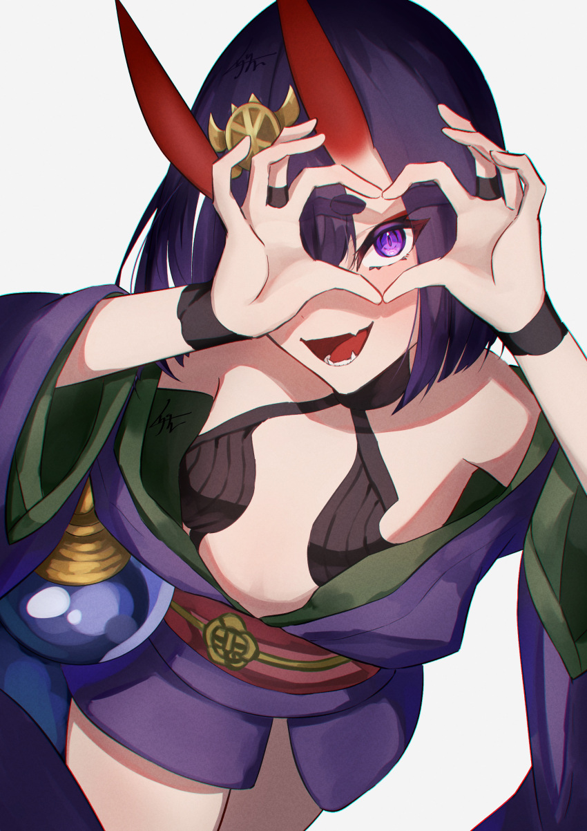 1girl absurdres bare_shoulders bob_cut breasts bridal_gauntlets commentary_request eyeliner fate/grand_order fate_(series) gourd headpiece heart heart_hands highres horns izanaware_game japanese_clothes kimono long_sleeves looking_at_viewer makeup obi off_shoulder oni oni_horns open_mouth purple_eyes purple_hair purple_kimono revealing_clothes sash short_hair short_kimono shuten_douji_(fate) skin-covered_horns small_breasts smile solo wide_sleeves