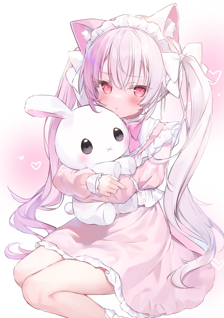 1girl animal_ears blush bow cat_ears character_request closed_mouth commission copyright_request eyebrows_hidden_by_hair foot_out_of_frame hair_bow hairband hakua_aa highres holding holding_stuffed_toy long_sleeves pink_hair red_eyes sitting skeb_commission socks solo stuffed_toy twintails