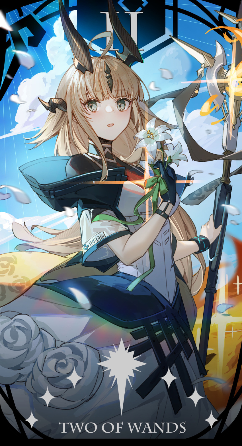 1girl absurdres ahoge arknights black_gloves blonde_hair blue_sky cowboy_shot dragon_girl dragon_horns dress english_text fire flower gloves green_ribbon grey_hair highres holding holding_flower holding_staff horns infection_monitor_(arknights) kotatsu_kaya light_in_heart lily_(flower) long_hair looking_at_viewer open_mouth outdoors petals reed_(arknights) reed_the_flame_shadow_(arknights) ribbon roman_numeral short_sleeves single_glove sky slit_pupils solo staff tarot turtleneck very_long_hair white_dress white_flower