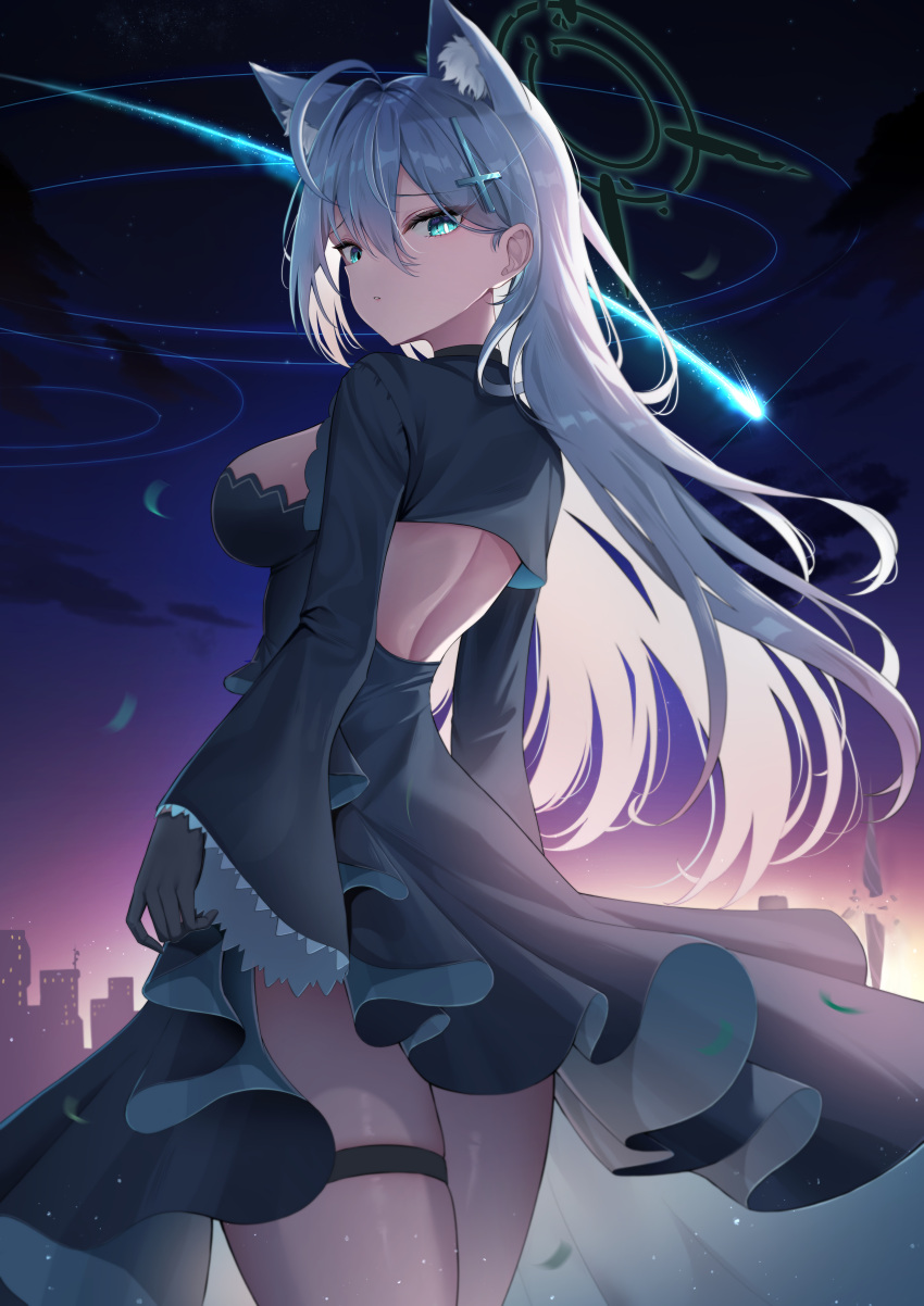1girl absurdres animal_ear_fluff animal_ears black_dress black_gloves blue_archive blue_eyes breasts broken_halo cleavage dark_halo diamond-shaped_pupils diamond_(shape) dress extra_ears from_behind gloves grey_hair hair_between_eyes hair_ornament halo highres li_se long_hair looking_at_viewer medium_breasts outdoors shiroko_(blue_archive) shiroko_(terror)_(blue_archive) solo symbol-shaped_pupils thigh_strap thighs wolf_ears