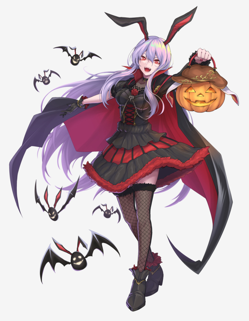 1girl animal_ears basket bat_(animal) dress full_body halloween halloween_costume hand_up highres holding holding_basket jack-o'-lantern long_hair open_mouth purple_hair rabbit_ears re_(re_09) red_eyes reisen_udongein_inaba simple_background solo touhou vampire_costume white_background