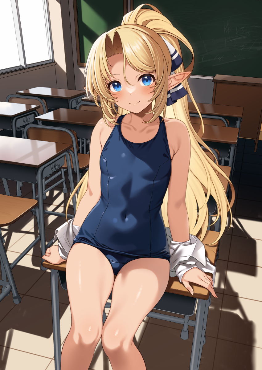 1girl absurdres arms_at_sides bare_shoulders black_ribbon blonde_hair blue_eyes blush breasts chalkboard classroom collarbone covered_navel desk elf enjo_kouhai hair_ribbon highres indoors iris_(takunomi) long_hair looking_at_viewer parted_bangs pointy_ears ponytail ribbon school_desk school_swimsuit shiny_clothes shirt sitting small_breasts smile solo swimsuit takunomi tile_floor tiles white_ribbon white_shirt window