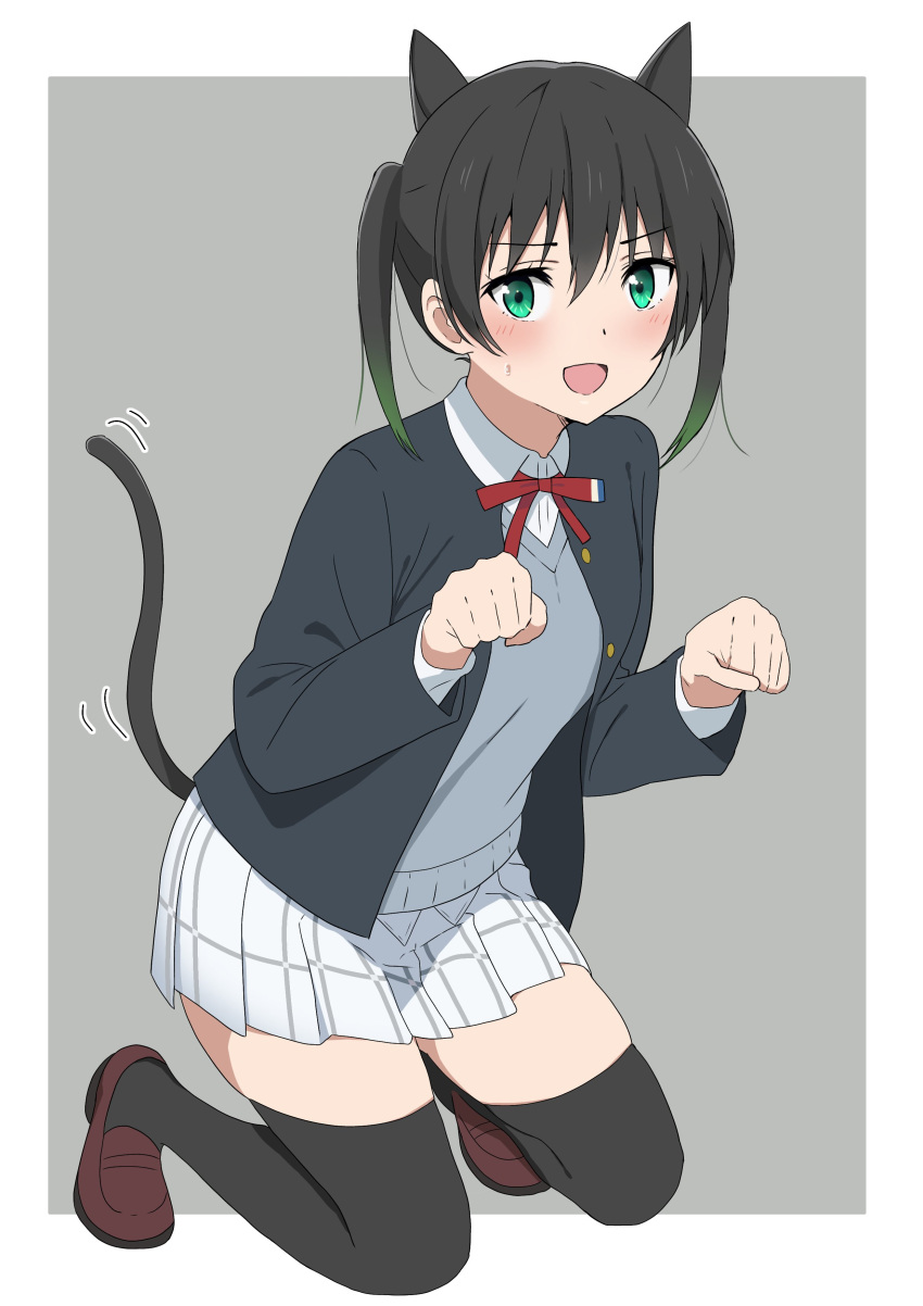 1girl absurdres animal_ears black_hair blush cat_ears cat_tail commentary embarrassed fake_animal_ears fake_tail gradient_hair green_eyes hair_between_eyes highres ikesho0612 kneeling looking_at_viewer love_live! love_live!_nijigasaki_high_school_idol_club medium_hair motion_lines multicolored_hair nijigasaki_academy_school_uniform open_mouth outside_border paw_pose school_uniform solo streaked_hair sweatdrop tail takasaki_yuu thighhighs twintails two-tone_hair zettai_ryouiki