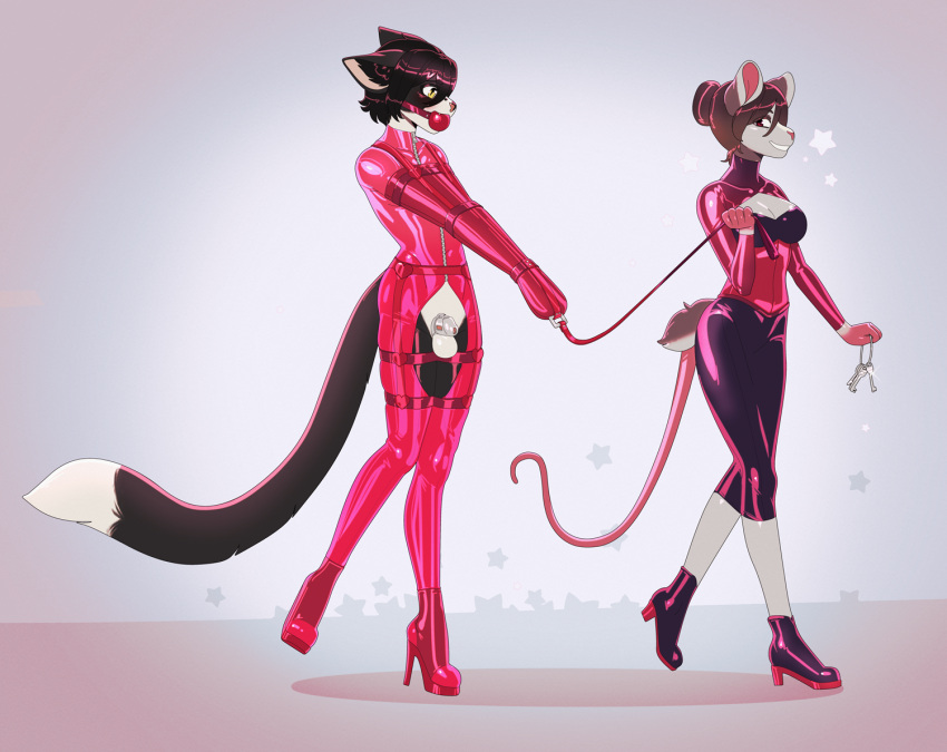 arh arh_(character) ball_gag bottomwear chastity_cage chastity_device clothing domestic_cat dominant dominant_female felid feline felis female footwear gag high_heels key latex latex_skinsuit leash male mammal mouse murid murine rodent rubber rubber_clothing rubber_suit skirt