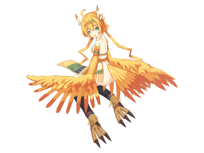 1girl ahoge ass bird_legs bird_tail blonde_hair blush breasts feerene green_eyes hair_between_eyes harpy highres monster_girl monster_musume_td open_mouth pelvic_curtain short_hair simple_background solo star-shaped_pupils star_(symbol) symbol-shaped_pupils tail tail_feathers talons waemawa white_background winged_arms wings yellow_wings