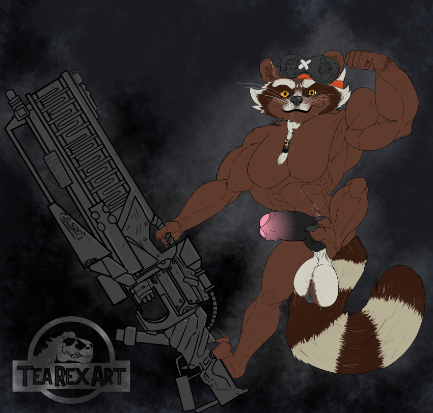 absurd_res anthro balls beard body_hair disney facial_hair feet feet_on_penis flexing flexing_bicep flexing_muscles foot_grab fur genitals guardians_of_the_galaxy gun hairy hairy_balls hi_res humanoid_genitalia humanoid_penis looking_at_viewer male mammal marvel nyhil_rex penis pose procyonid raccoon ranged_weapon rocket_raccoon saggy_balls smile smirk solo striped_body striped_fur stripes weapon