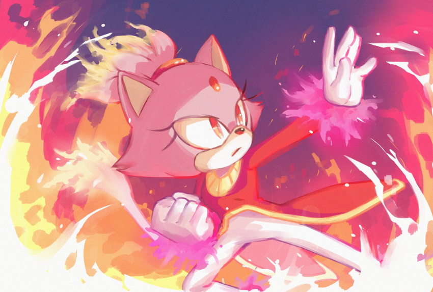 1girl absurdres animal_ears blaze_the_cat burning burning_blaze cat_ears cat_girl cat_tail eyelashes fire flowerqliphoth forehead_jewel furry furry_female gloves gold_necklace highres jacket jewelry necklace pants pink_fur red_jacket sonic_(series) sonic_rush sonic_rush_adventure tail white_gloves white_pants