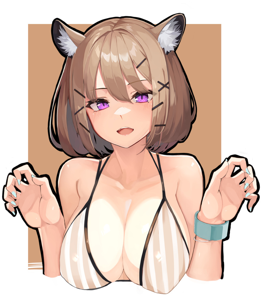 1girl animal_ear_fluff animal_ears arknights bikini blue_nails bracelet breasts brown_background brown_hair cleavage hair_between_eyes hair_ornament hairclip hands_up highres idashige_(walkietalkie) jewelry large_breasts looking_at_viewer nail_polish official_alternate_costume purple_eyes short_hair simple_background solo striped striped_bikini swimsuit upper_body utage_(arknights) utage_(summer_flowers)_(arknights) x_hair_ornament