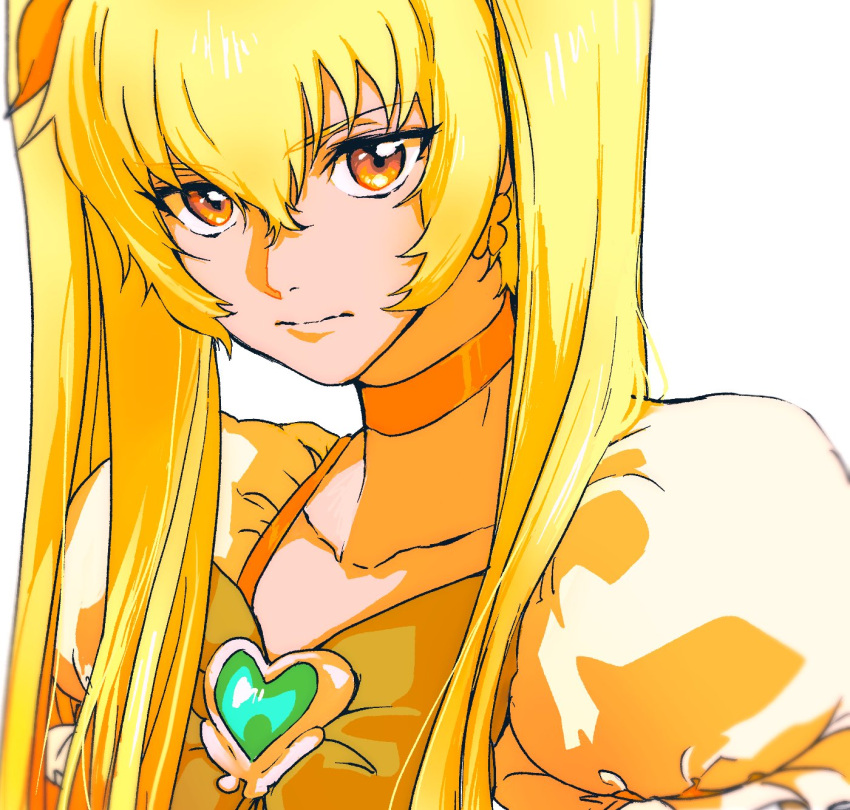 1girl blonde_hair bow brooch choker closed_mouth collarbone cure_sunshine hair_between_eyes hanabusazmb heart_brooch heartcatch_precure! highres jewelry long_hair looking_at_viewer magical_girl myoudouin_itsuki orange_bow orange_choker precure puffy_short_sleeves puffy_sleeves ribbon short_sleeves simple_background twintails upper_body white_background yellow_eyes