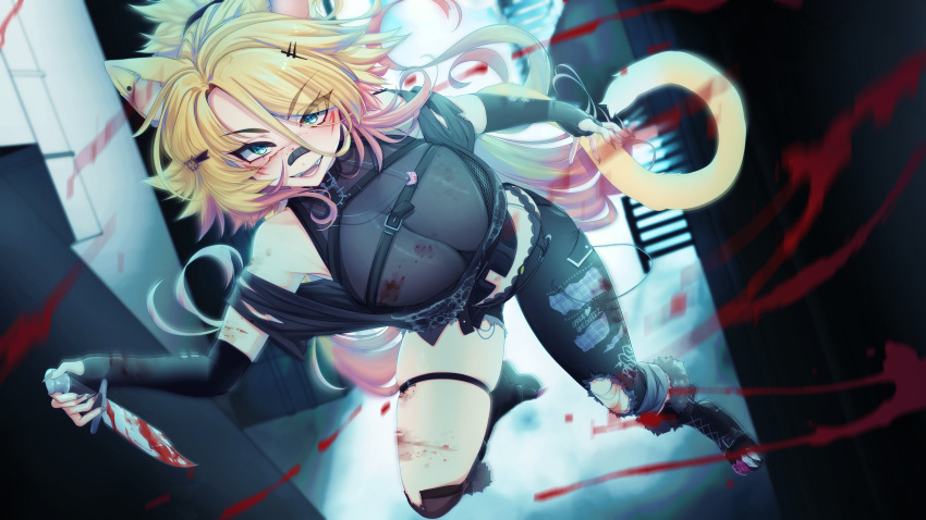 1girl animal_ears bandaid bandaid_on_face bandaid_on_nose black_footwear black_gloves black_panties black_pants black_shirt blonde_hair blood blood_on_clothes blood_on_weapon blue_eyes boots breasts cat_ears cat_girl cat_necklace cat_tail chest_belt clawed_boots cleavage clothes_writing cross-laced_footwear earrings elbow_gloves eyes_visible_through_hair facial_mark fingerless_gloves fur-trimmed_boots fur_trim gloves gradient_hair grey_nails hair_ornament highres holding holding_knife indie_virtual_youtuber jewelry knife large_breasts lilytharts long_hair multicolored_hair navel obkatiekat panties pants patch pink_hair see-through see-through_cleavage shirt slit_pupils solo tail torn_clothes torn_pants torn_shirt underwear weapon