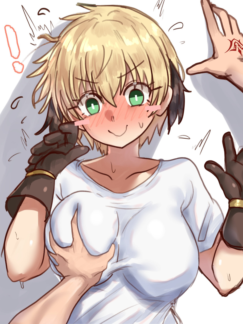 1girl absurdres blonde_hair blush blush_stickers breast_hold breasts ebora fate/grand_order fate_(series) gareth_(fate) green_eyes hair_flaps highres large_breasts pillow shirt short_hair smile white_shirt