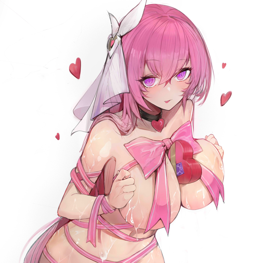 1girl 24sui absurdres between_breasts blush breasts breasts_squeezed_together candy chocolate choker condom cum cum_on_body cum_on_breasts elysia_(honkai_impact) food hair_between_eyes hair_ornament heart heart-shaped_chocolate highres honkai_(series) honkai_impact_3rd large_breasts looking_at_viewer naked_ribbon pink_hair purple_eyes ribbon simple_background solo tongue tongue_out white_background