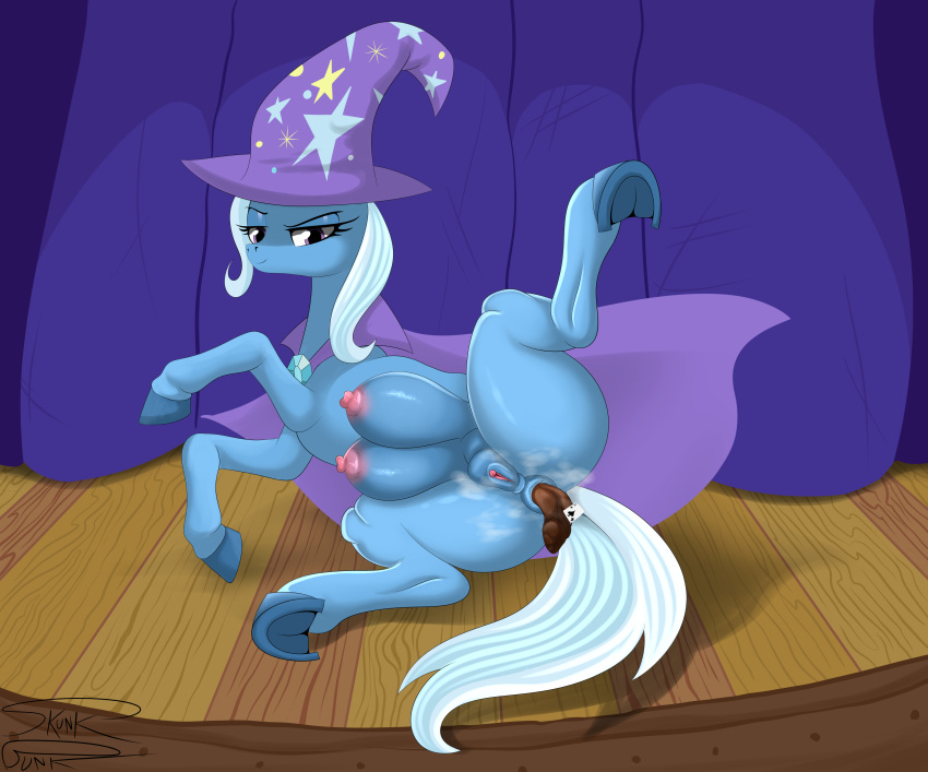 absurd_res anatomically_correct anatomically_correct_genitalia anatomically_correct_pussy animal_genitalia animal_pussy anus areola blue_anus blue_body blue_hair blue_hooves blue_mane blue_pussy blue_tail cape card clitoris clothing digital_media_(artwork) dock equid equine equine_anus equine_genitalia equine_pussy eyelashes feces female feral friendship_is_magic genitals hair hasbro hat headgear headwear hi_res hooves horse mammal mane my_little_pony nipples pony pooping purple_eyes pussy scat signature skunk_bunk steam tail teats trixie_(mlp) underhoof wizard_hat