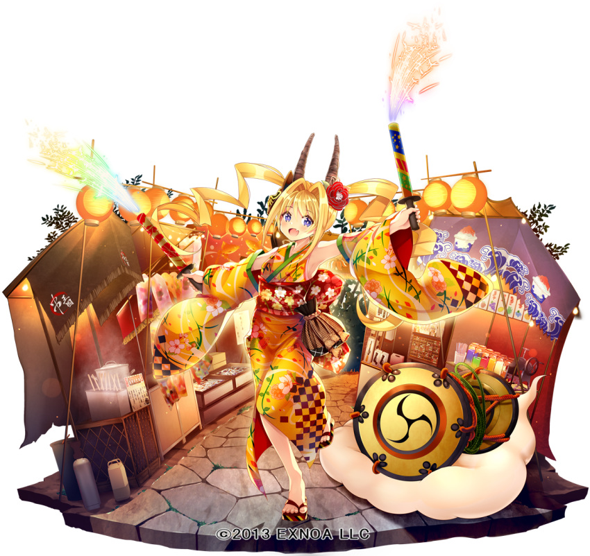 1girl 2013 :d armpits blonde_hair blush bush checkered_clothes checkered_kimono cloud commentary company_name detached_sleeves drum fang floral_print flower food food_stand hair_flower hair_intakes hair_ornament holding_fireworks horns instrument japanese_clothes kimono lantern leg_up long_hair looking_at_viewer mask mask_on_head obi official_art orange_kimono outdoors outstretched_arms paper_lantern pavement purple_eyes red_flower remii sash sennen_sensou_aigis shaved_ice skin_fang sleeveless sleeveless_kimono smile solo spread_arms standing standing_on_one_leg steam summer_festival taicho128 taiko_drum tassel trash_can twintails white_background wide_sleeves zouri