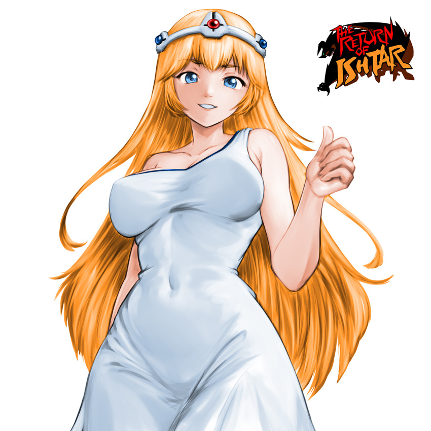 1girl bare_shoulders blonde_hair blue_eyes blue_gemstone breasts circlet cleavage collarbone copyright_name covered_navel druaga_no_tou gem highres ishtar_(druaga_no_tou) large_breasts long_hair looking_at_viewer minamoto80486 red_gemstone simple_background single_strap smile solo very_long_hair white_background