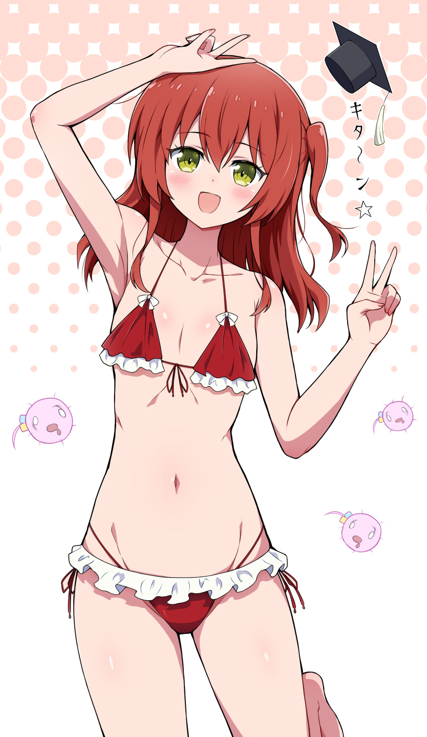 1girl :d absurdres arm_up armpits bare_arms bare_shoulders barefoot bikini blush bocchi_the_rock! collarbone commentary cowboy_shot dot_nose double_v eggman_(pixiv28975023) flat_chest frilled_bikini frills front-tie_bikini_top front-tie_top green_eyes hair_between_eyes halftone halftone_background hand_up hat highleg highleg_bikini highres kita_ikuyo layered_bikini leg_up long_hair looking_at_viewer mortarboard navel one_side_up open_mouth red_bikini red_eyes red_hair side-tie_bikini_bottom smile solo stomach swimsuit translation_request v v_over_head white_background
