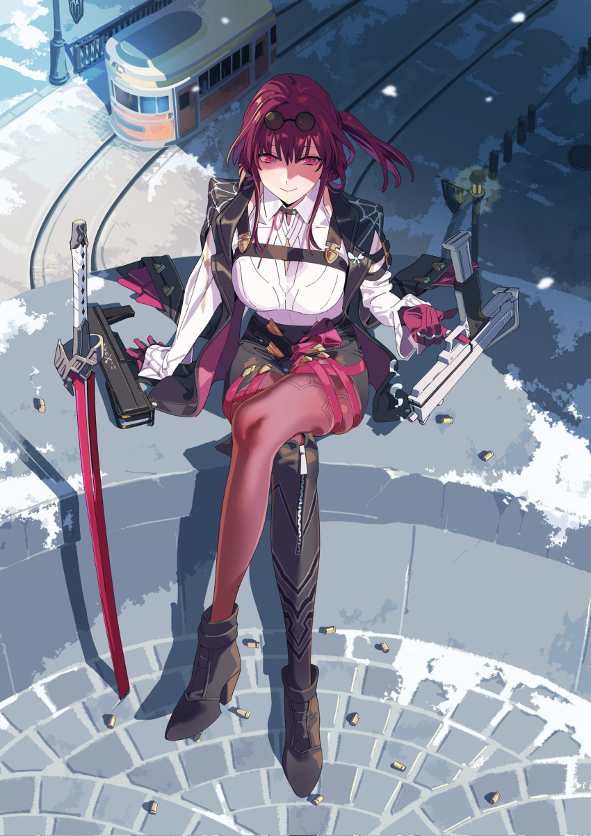 1girl black_jacket character_request crossed_legs eyewear_on_head gloves gun henken highres honkai:_star_rail honkai_(series) jacket kafka_(honkai:_star_rail) pantyhose pink_eyes purple_gloves purple_hair purple_pantyhose railroad_tracks shell_casing shirt sitting smile solo streetcar submachine_gun sunglasses sword weapon white_shirt