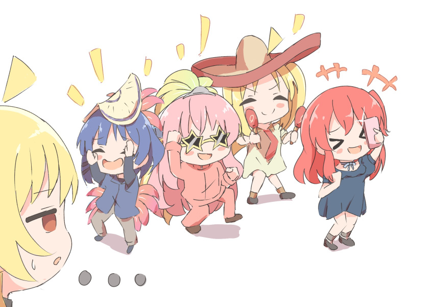 &gt;_&lt; ... 5girls :d ^_^ ahoge arm_up arms_up blonde_hair blue_dress blue_shirt blush_stickers bocchi_the_rock! breasts cellphone chibi cleavage closed_eyes commentary_request dancing dress dress_shirt frown glint gotoh_hitori hair_between_eyes hair_ornament hairclip happy hat highres holding holding_phone holding_rattle ijichi_nijika ijichi_seika jacket jitome kaai_yuu kita_ikuyo long_hair looking_at_another medium_hair multiple_girls one_side_up open_mouth phone pink_hair pink_jacket red_hair selfie shirt simple_background smartphone smile sombrero star-shaped_eyewear sunglasses sweatdrop track_suit v-shaped_eyebrows very_long_hair white_background yamada_ryo