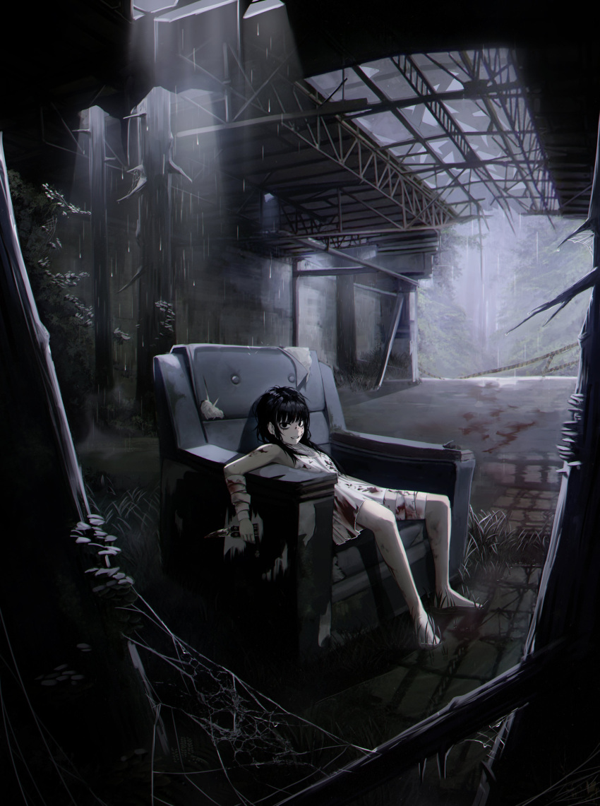 1girl absurdres bags_under_eyes bandaged_arm bandaged_leg bandages bare_shoulders barefoot black_eyes black_hair blood blood_on_arm blood_on_clothes blood_on_face commentary couch deuljjugnaljjug dress full_body grass grin highres looking_at_viewer original rain shears silk sitting slouching smile solo spider_web torn_clothes white_dress