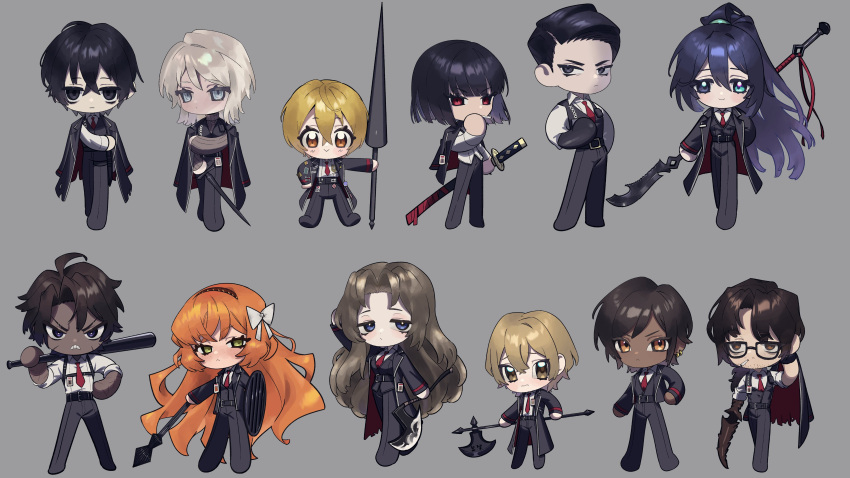 6+boys 6+girls absurdres angellyuna axe baseball_bat black_hair blonde_hair blue_eyes blue_hair chibi closed_mouth dark-skinned_female dark-skinned_male dark_skin don_quixote_(limbus_company) everyone faust_(limbus_company) full_body gregor_(limbus_company) guan_dao heathcliff_(limbus_company) highres holding holding_axe holding_baseball_bat holding_polearm holding_sword holding_weapon hong_lu_(limbus_company) ishmael_(limbus_company) lance limbus_company long_hair looking_at_viewer meursault_(limbus_company) multiple_boys multiple_girls orange_hair outis_(limbus_company) polearm project_moon purple_eyes red_eyes rodion_(limbus_company) ryoshu_(limbus_company) short_hair sinclair_(limbus_company) sword very_long_hair weapon white_hair yellow_eyes yi_sang_(limbus_company)