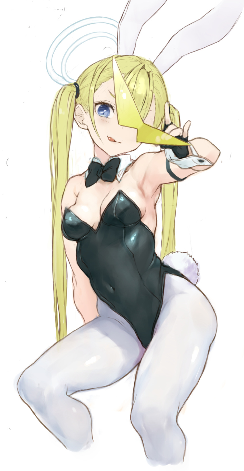 1girl absurdres animal_ears black_leotard blonde_hair blue_archive bow bowtie bunny_girl_guard_(sr)_(blue_archive) commentary_request covered_navel detached_collar extra eyewear_removed fake_animal_ears halo highres holding holding_removed_eyewear kamina_shades leotard looking_at_viewer pantyhose playboy_bunny ryo_(tg290) strapless strapless_leotard sunglasses tinted_eyewear traditional_bowtie triangular_eyewear twintails white_background wrist_cuffs yellow-tinted_eyewear