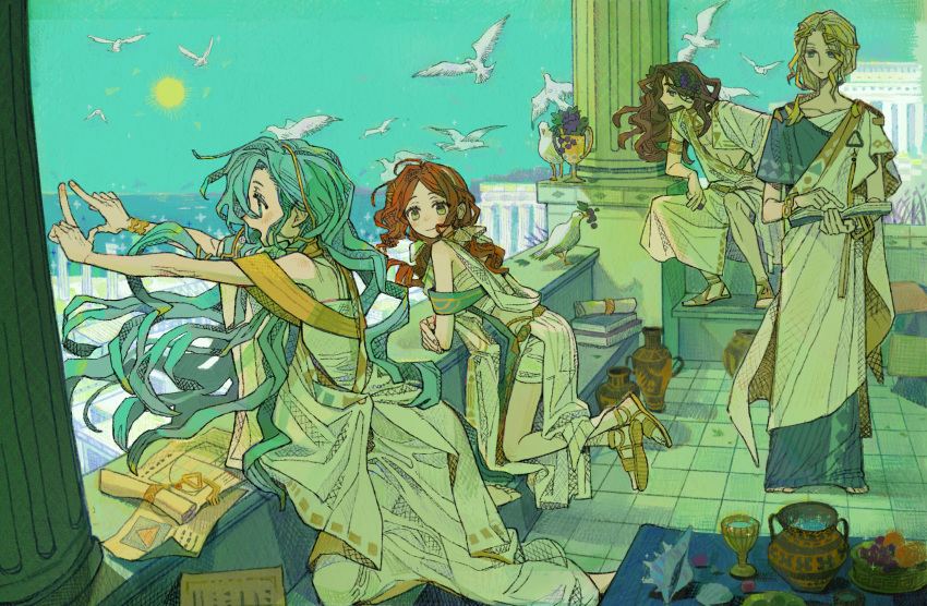 210_(reverse:1999) 2boys 2girls 37_(reverse:1999) 6_(reverse:1999) amphora ancient_greek_clothes architecture balcony bare_shoulders barefoot bird blonde_hair blue_hair blue_sky book brown_hair closed_mouth column conch cup curly_hair day food-themed_hair_ornament from_side full_body grape_hair_ornament greco-roman_architecture greco-roman_clothes green_eyes hair_ornament highres himation holding holding_book jar kneeling long_hair looking_afar looking_at_viewer looking_to_the_side multiple_boys multiple_girls ocean open_book open_mouth paper pillar profile red_hair reverse:1999 sandals scroll seagull shuiliuliu sitting sky smile sophia_(reverse:1999) standing sun tile_floor tiles toga triangle_hands turning_head very_long_hair