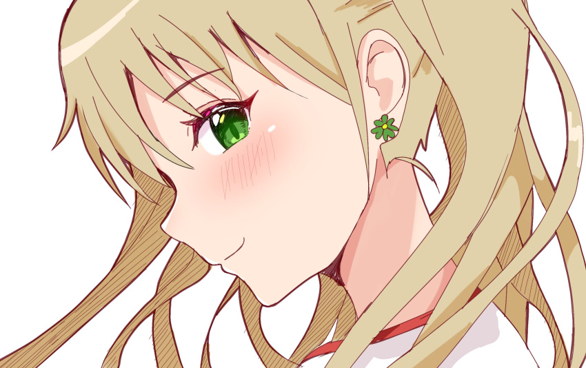 1girl blonde_hair blush earrings flower_earrings green_eyes hair_between_eyes highres ibarazaki_emi jewelry katawa_shoujo long_hair looking_at_viewer maikurorensu shirt smile solo track_uniform twintails upper_body white_background white_shirt